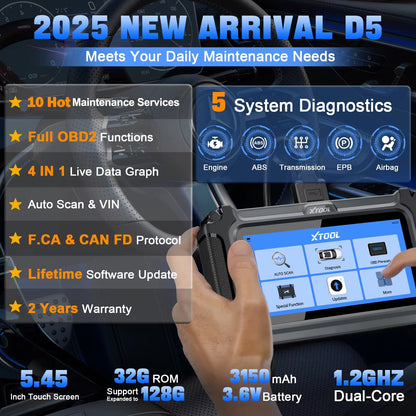 XTOOL D5 Car Diagnostic Tools Gearbox ABS EPB Airbag Engine 5 System Scanner 10 Reset Service OBD2 Scanner Lifetime Free Update