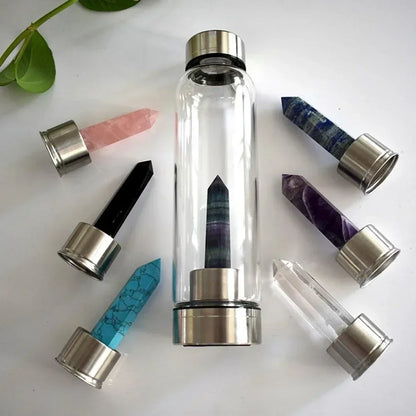 Crystal Infused Water Bottle – Natural Gemstone Elixir Cup with Healing Obelisk Wand
