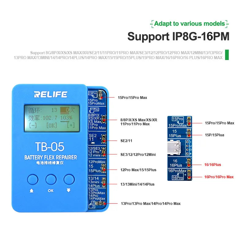 RELIFE TB-05 Battery Cable Repair Instrument Setup-free and Boot-free Adapt To Various Models for IPhone IP8G-16PM  Repair Tools