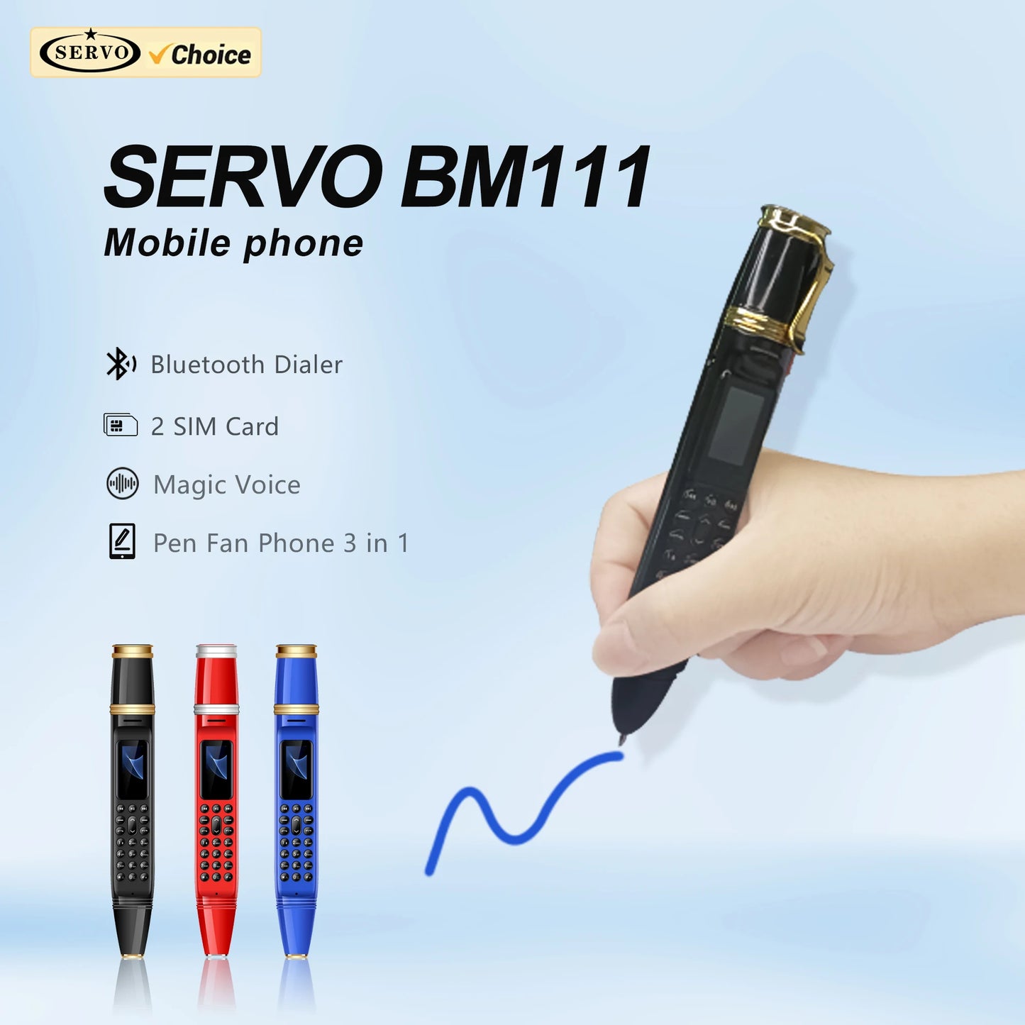 SERVO BM111 Pen Style Mobile Phone – Dual SIM | Magic Voice | Bluetooth Dialer | 3-in-1 Pen & Mini Fan | 2G GSM